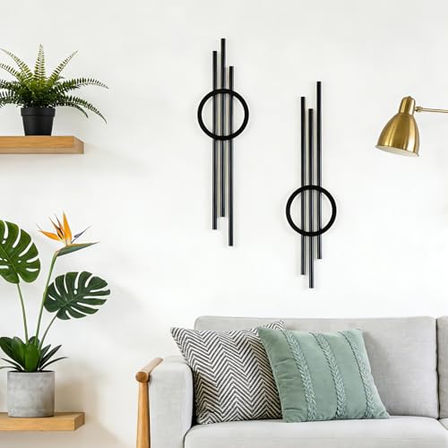 YiYa 2 Pcs Metal Geometric Wall Decor Black Lines Metal Wall Art Abstract Wall Art Modern Geometric Wall Hanging for Home Living Room Bedroom (Black)
