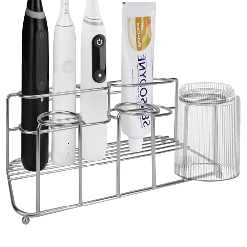 Linkidea Soporte para cepillo de dientes eléctrico, organizador de acero inoxidable con 4 ranuras para cepillo de dientes eléctrico, pasta de dientes, compatible con Oral-B iO Series, Philips Sonicare