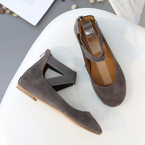 Women's Suede Round Toe Ballet Flats with Intersect Elastic Strap Fashion Back Zipper Casual Comfortable Low Chunky Heel Walking Shoes for Daily Shopping Office Driving3