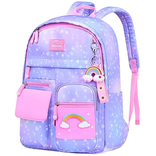 Mochila Escolar Infantil Kawaii Meninas Ensino Fundamental com Compartimentos Femininas Casuais Arco-íris Daypack (LILAS)