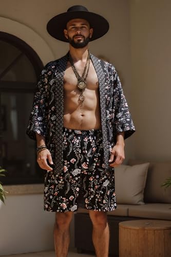 PRODESIGN Mens Kimono Robe Set - Satin Bathrobe with Shorts 2 Piece Set Silky Nightgown Dressing Gown Cardigan Beach Cover Up3