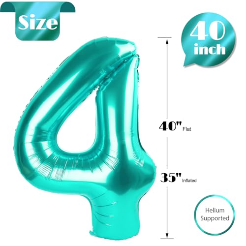 Image of Teal Blue 4 Balloon, Number Balloons 40 Inch, 4th Birthday Decorations Four Large Numbers for Party Decor, Number 4 Balloon