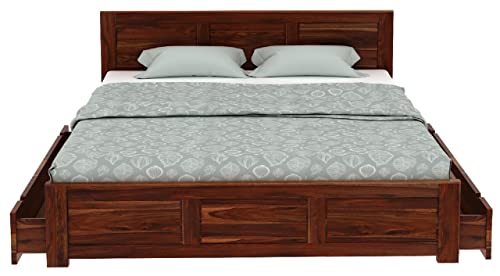 Image of WOODLAB Furniture Sheesham Wood King Size Bed with 2 Side Drawer Storage Wooden Double Bed Palang for Bedroom Living Room (Honey Finish)