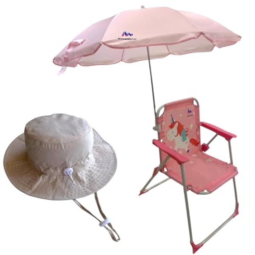 Kit Cadeira de Praia c/Guarda Sol + Chapéu Infantil com UPF50 Unicórnio