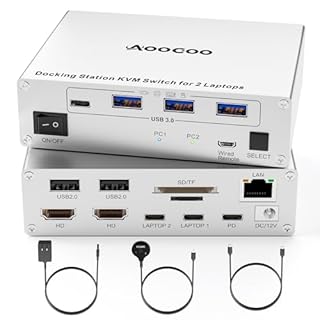 4K USB C KVM Switch Dock 2 Monitors 2 Laptops, Dual HDMI Monitor KVM Switch for 2 Laptops, 100W PD and 1G Ethernet for 2 Laptops with Wired Remote Control and USB C Cable Included