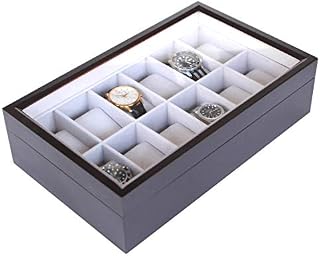CASE ELEGANCE Solid Espresso 12 Slot Wood Watch Box Organizer with Glass Display Top