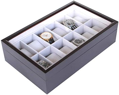 CASE ELEGANCE Solid Espresso Wood Watch Box Organizer with Glass Display Top 12 slot (Espresso)