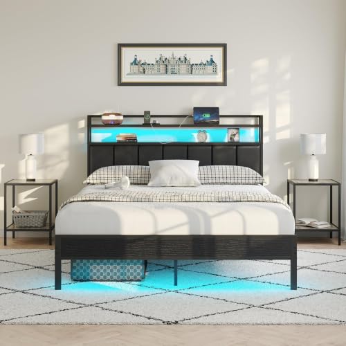 Image of Full Size Bed Frame with Upholstered Headboard and 2-Tier Storage Shelves | Metal / Charging Station / LED Lights / Noise Free / No Box Spring Needed / Black