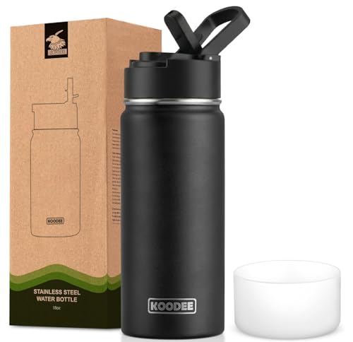 Image of koodee Insulated Water Bottle, 18 oz Stainless Steel Vacuum Wide Mouth Sports Water Bottle with Leak Proof Straw Lid (Black)