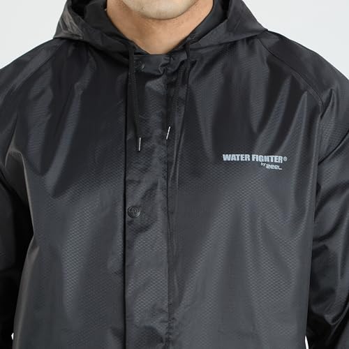 Image of Water Fighter by ZEEL Rain Coat for Men with Adjustable Hood, Polyester Waterproof Full Sleeves, Top and Bottom Set Rainwear, Front Zip with Snap Button Flap (EWF311, Black, XL)