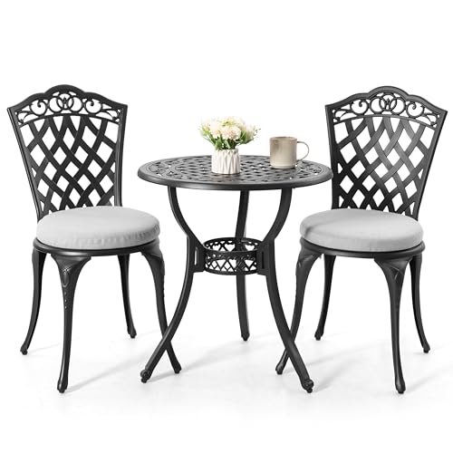 Image of NUU GARDEN 3-Piece Patio Bistro Set Outdoor Cast Aluminum Bistro Table and Chairs Set of 2, Outdoor Patio Bistro Set with Umbrella Hole and Gray Cushions for Patio and Balcony, Black