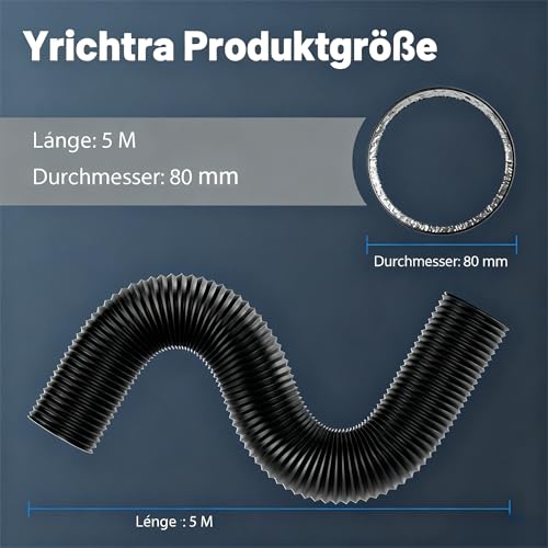 Yrichtra Abluftschlauch Ø75mm, 5m Länge, 5-Schicht Alu Flexrohr, Wärmedämmend, Geräuschreduzierend, Schneidbar, Ohne Chemiegeruch, Mit Eisenklammern, Flexschlauch für Trockner, Lüftungsschlauch