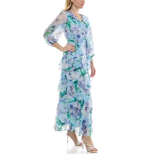 Image of Maison Tara Women's Sheer Long Sleeve V-Neck Floral Tiered Ruffle Wrap Maxi