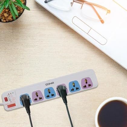 Image of PM CONA Power Strip with 6 Sockets, 4 Metre Cord, 6 Ampere, Spike Guard with Indicator, Multicolour (3291)