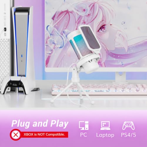 Image of TONOR Gaming Microphone, RGB PC Microphone, Cardioid Condenser USB Mic with Adjustable Light Modes & Brightness, Quick Mute, Gain Control, for LiveStreaming, Recording, PS4 /5, Mac, TC310 White | Desktop Stand Set, Quick Mute, Volume Control, for Twitch Streaming, Discord Chatting, 200 cm /78'' Cable, White, TC310