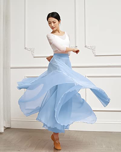 Paotit Women's Lyrical Dance Skirt Long Sheer Swing Wrap Skirt Modern Ballet Costumes For Performance Blue #TOP2