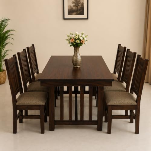 Image of 6 Seater Solid Wood Dining Table Set with 6 Cushioned Chairs | Dark Walnut Finish Wooden Dining Set for Home, Dining Room & Kitchen | Modern Dining Furniture