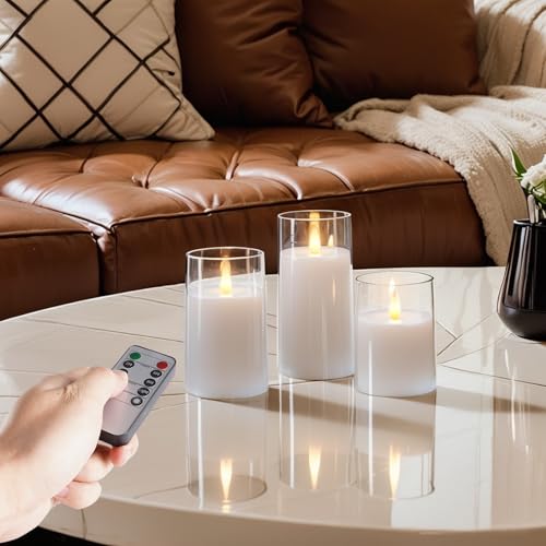 Image of Homemory Realistic Flickering Flameless Candles with Remote Control & Timer | LED Fake Electric Pillar Candles Battery Operated for Home, Datting, Christmas Decor, White, Set of 3