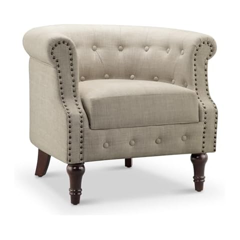 Hevaotry Comfy Fabric Barrel Chair Armchair with Soft Padded, Classical Club Chair with Thicken Cushion, Upholstered Tub Chair, Reading Chair for Living Room Bedroom Waiting Room Office, Beige Cover