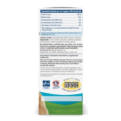 Nordic Naturals Omega-3 Cat, Unflavored - 2 oz - 304 mg Omega-3 Per One mL - Fish Oil for Cats with EPA & DHA - Promotes Heart, Skin, Coat, & Immune Health - Non-GMO