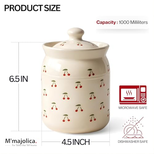 Image of Cherry Printed Ceramic Handglazed Pickle Jars Set of 1-1000 ML Each | 1 kg Achaar Martban Barni Jar with Lid | Ceramic Storage Jar Container Pickle /Achar, Chatney