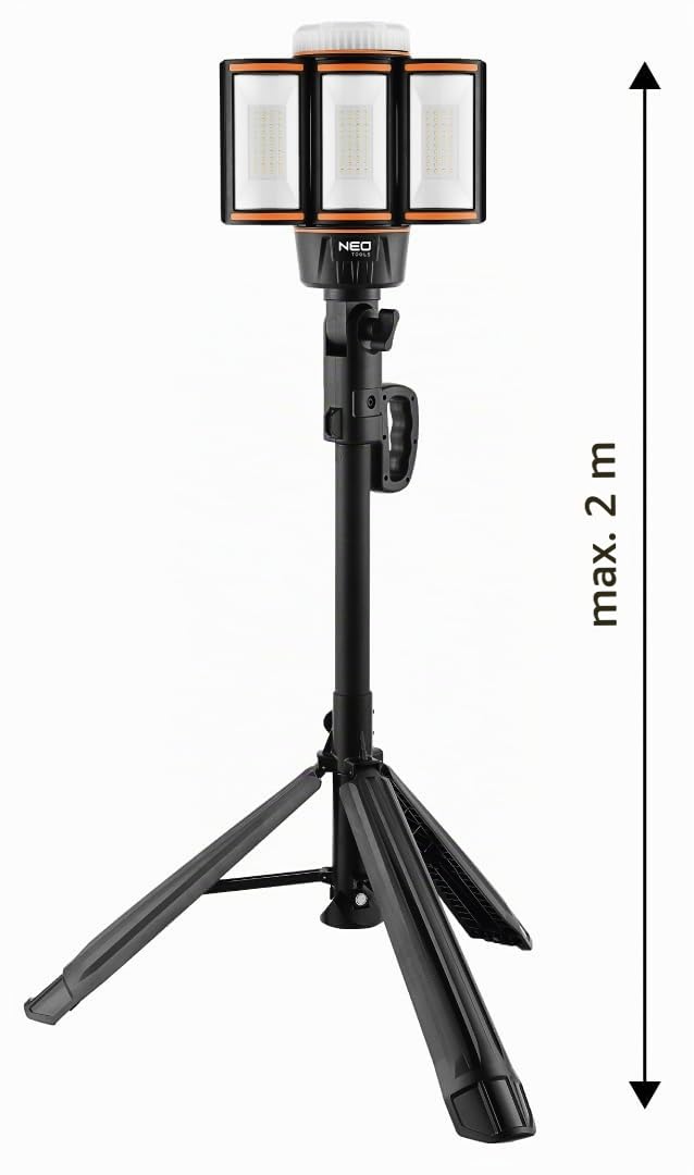 NEO TOOLS Akku Arbeitsstrahler 5000 lm, IP44, Höhenverstellbar Bis 200cm | Wiederaufladbare Baustrahler mit Stativ, Arbeitszeit bis zu 15 Stunden, Möglichkeit, Im Taschenlampen zu arbeiten