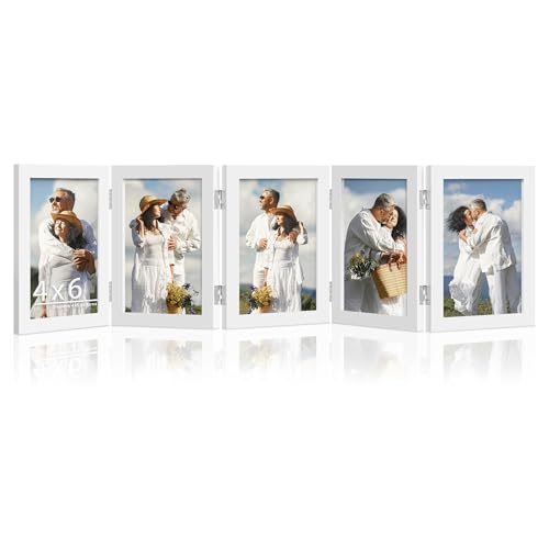 Image of DUENPY 5 Folding 4x6 Accordion Wood Frame Plexiglass White | Constructed With Engineered Wood And Plexiglass, Elegant Ornament For Desktop Photo Display