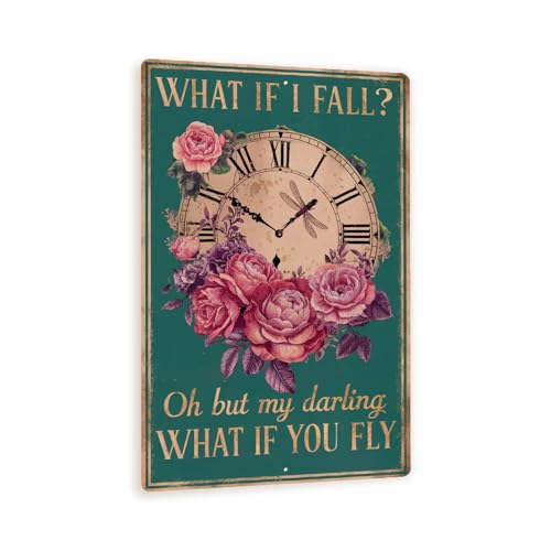 Vintage Style Wall Sign WHAT IF I FALL Clock and Roses Design Inspirational Home Decor Accent with Golden Lettering and Floral Illustrations