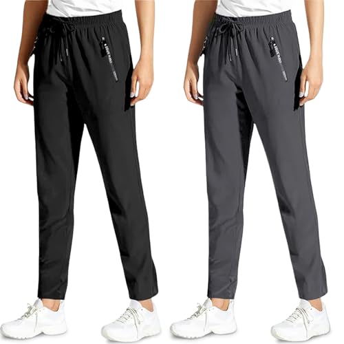 Comfyfit Pants for Women, Comfy Fit Stretch Active Pants, Quick Drying Lightweight Trousers for Travel, Work, Yoga (Black+Grey-Straight,Large)