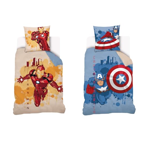 Marvel - Housse de Couette réversible Captain America et Iron Man 140x200 cm - 100% Coton - Bleu et Jaune