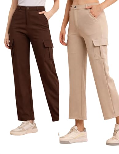 Image of Women's Cargo Pants High Waisted Baggy Wide Leg Cargo Trousers Casual Loose Fit 4 Pocket Utility Streetwear Fashion Work Bottoms, White Black Pink Lavender Beige Brown