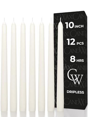 CANDWAX 25 cm Ivory Taper Candles Set of 12 - Unscented Smokeless Dripless Christmas Candlesticks - Perfect as Dinner Table Centerpieces and Holiday Home Decorations - Christmas Taper Candles