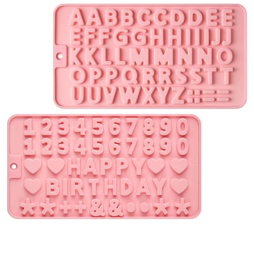 Puyeipt 2 Pcs Letter Molds Silicone for Chocolate, 0-9 Number and 26 Alphabet Letter Fondant Molds, Non-Stick Candy Molds with Happy Birthday Cake Decorations Symbols