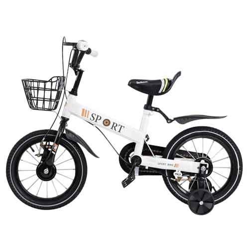 MUL-BHERRAMIENTA Bicicleta infantil de 16 pulgadas, marco de acero de alta resistencia, frenos delanteros y traseros, ruedas auxiliares, cesta delantera, para 5-7 años (blanco)