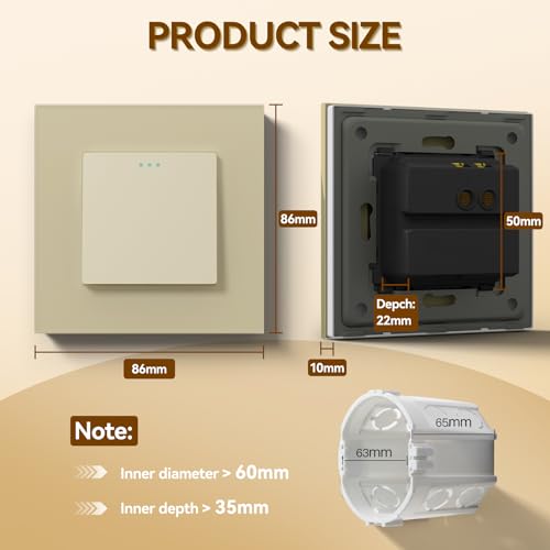 BSEED Kipplichtschalter 1 Fach 1 Weg Gold PC-Knopf 10 Ampere Mechanischer Wandlichtschalter 86 mm Glasrahmen Toggle Standardschalter