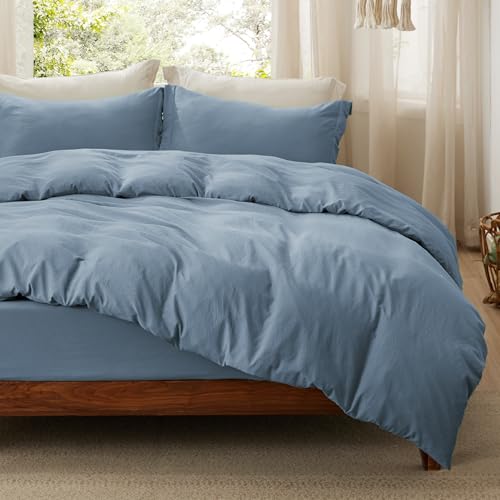 Image of Bedsure Duvet Cover Queen Size with Fitted Sheet - 4 Pieces Prewashed Cotton-Like Polyester Extra Soft Bedding Set, Includes 1 Duvet Cover 90x90 Inches, 2 Pillow Shams, 1 Fitted Sheet, Mineral Blue