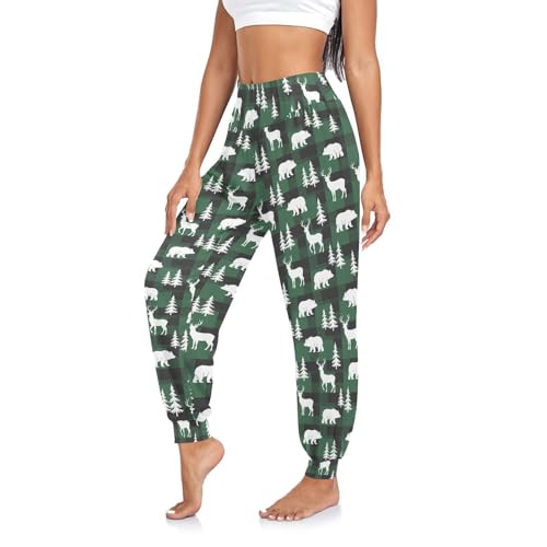 GuoChe Pantalones deportivos para mujer, de cintura alta, para gimnasio, club, talla S, Navidad Verde Negro Blanco Bosques Animales, Small