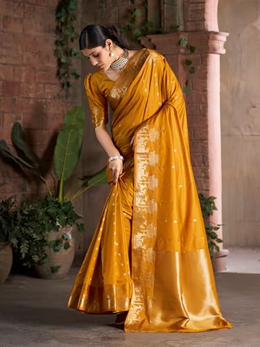 Image of MADHUHANSH Women's Cotton Silk Saree with Unstitched Blouse Piece Zari Weave and Floral Pattern | Heavy Embroidery Saree for Women | Interview Saree for Women | Readymade Blouse with Saree Set