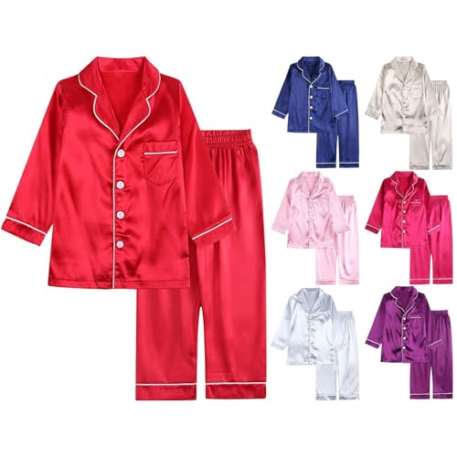 Girls 𝗦ilk 𝐏a𝐣ama Set Long Sleeve Satin 𝐏ajamas 2 Piece Button Down Loung𝐞wear with Pants Kids Plain Sl𝐞epwear3