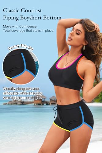 Image of Women Two Piece Sporty Bikini Set Athletic Swimsuits with Boy Shorts Bottom | Racerback, Crop top, Drawstring, Bathing suits, Mid Rise, Padded bra, Full lining, Scoop neck, Full coverage