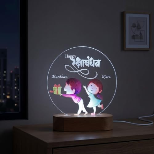 Image of White Glow Table Lamp - Personalized Raksha Bandhan LED Acrylic Photo Lamp for Brother & Sister | Custom Name Night Light with Cartoon Design | Customized Rakhi Gift for Brother from Sister