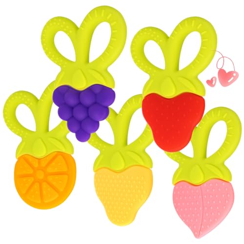 SHARE&CARE BPA Free Silicone Fruit Baby Teether Toy with Storage Case for 3 Months Above Infant Sore Gums Pain Relief (5 Fruits)