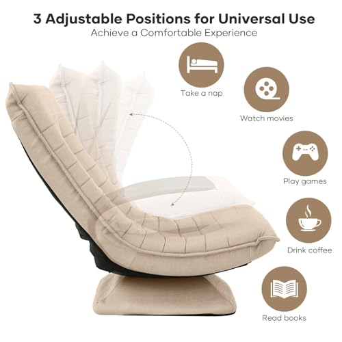 Image of Kawachi Folding Swivel Nirvana Moon Chair Leisure Lounge Sofa 360 Degree Rotation Adjustable Recliner Bedroom Floor Chair (Beige)