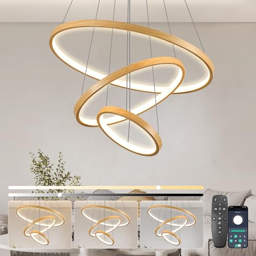 KSIBNW Lámpara Comedor Techo Moderna, Lamparas Colgante LED 45W, Lámpara de Techo Salon 3 Anillos Regulable 2700K-6500K, Iluminación Suspenso con Control Remoto & APP Dormitorio, Color de Madera
