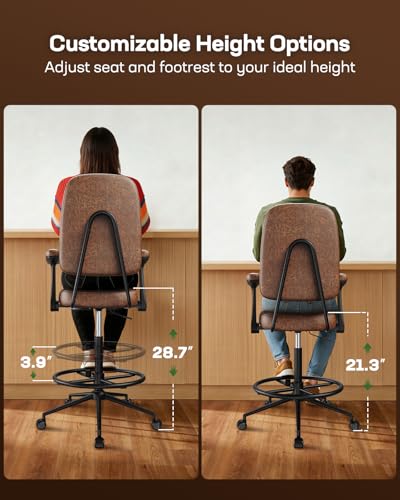 Image of Marsail Ergonomic Drafting Chair for Standing Desk, 330lbs Heavy Duty Tall Office Chair with Adjustable Foot Ring & Flip-Up Arms, Comfort Brown Leather, 3.5 inch Thick Cushion
