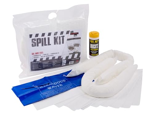 Oil & Fuel Spill Kits with Absorbent Socks, Pads & Disposable Waste Bags for Indoor/Outdoor Use (20L)