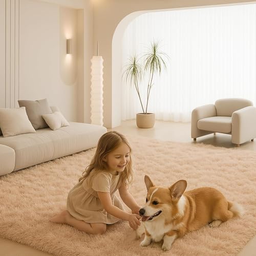 Image of Upgrade Rugs Medium Size 4x6 Feet Rectangular Kaleen Bedroom Indoor Floor Carpets Anti Skid Handwoven Solid Plain Shaggy Rugs High Pile, Floor Carpets for Home Color Skin Beige 1