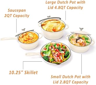 Hisencn Enameled Cast Iron Cookware Set - 7-Piece Ceramic Coated Cast Iron Cookware Set, Dutch Ovens, Sauce Pan, Skillet, 3 Lids, Heavy Duty Cookware, Gas/Induction Compatible, PFA Free, Cream White