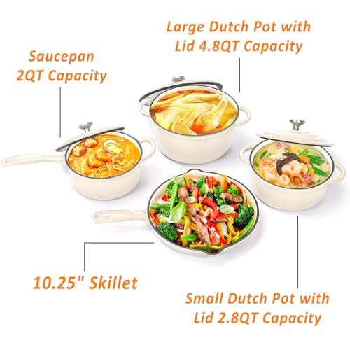 Hisencn Enameled Cast Iron Cookware Set - 7-Piece Ceramic Coated Cast Iron Cookware Set, Dutch Ovens, Sauce Pan, Skillet, 3 Lids, Heavy Duty Cookware, Gas/Induction Compatible, PFA Free, Cream White