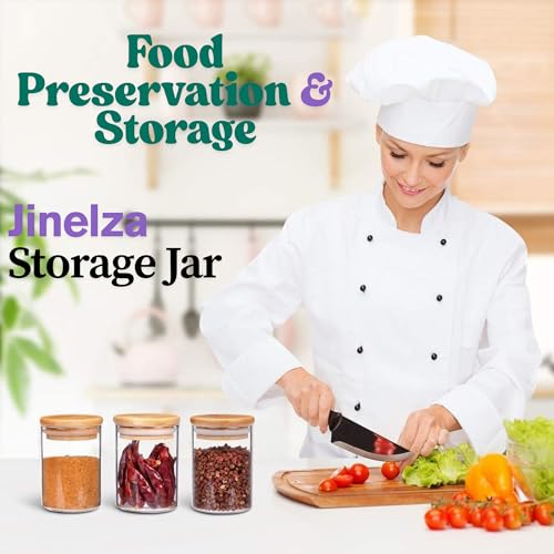 Jinelza Glass Jars Air Tight Canister Borosilicate Kitchen Food Storage Container Set With Natural Bamboo Lids For Candy, Cookie, Rice, Sugar, Flour, Pasta, Nuts (270Ml Jars, 6 Pcs), Transparent